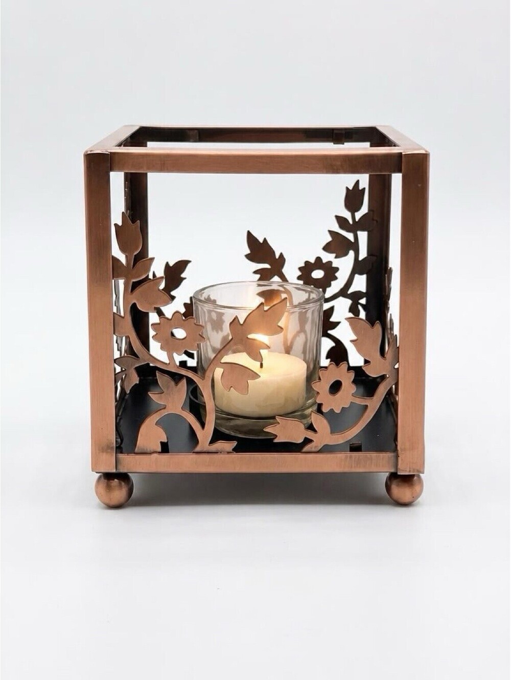 PartyLite Copper Floral Candle Holder Metal Lantern Votive Tealight Glass Insert
